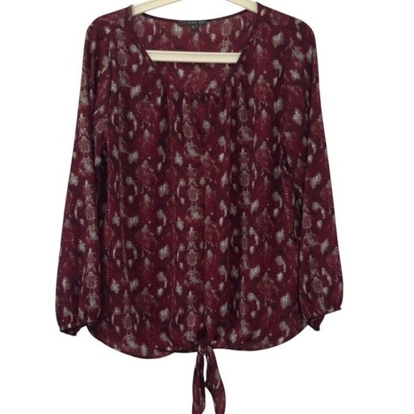 West Kei Tops - West Kei Burgundy Snakeskin Print Front Tie Long Sleeve Blouse Womens Medium